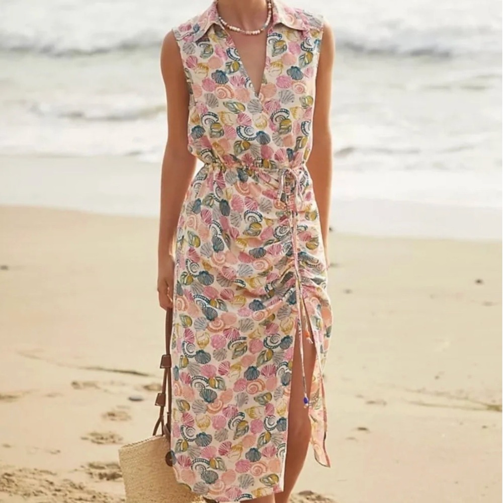 Anthropologie Seashell Print Linen Blend‎ Ruched Midi Dress Coastal Resort 1X